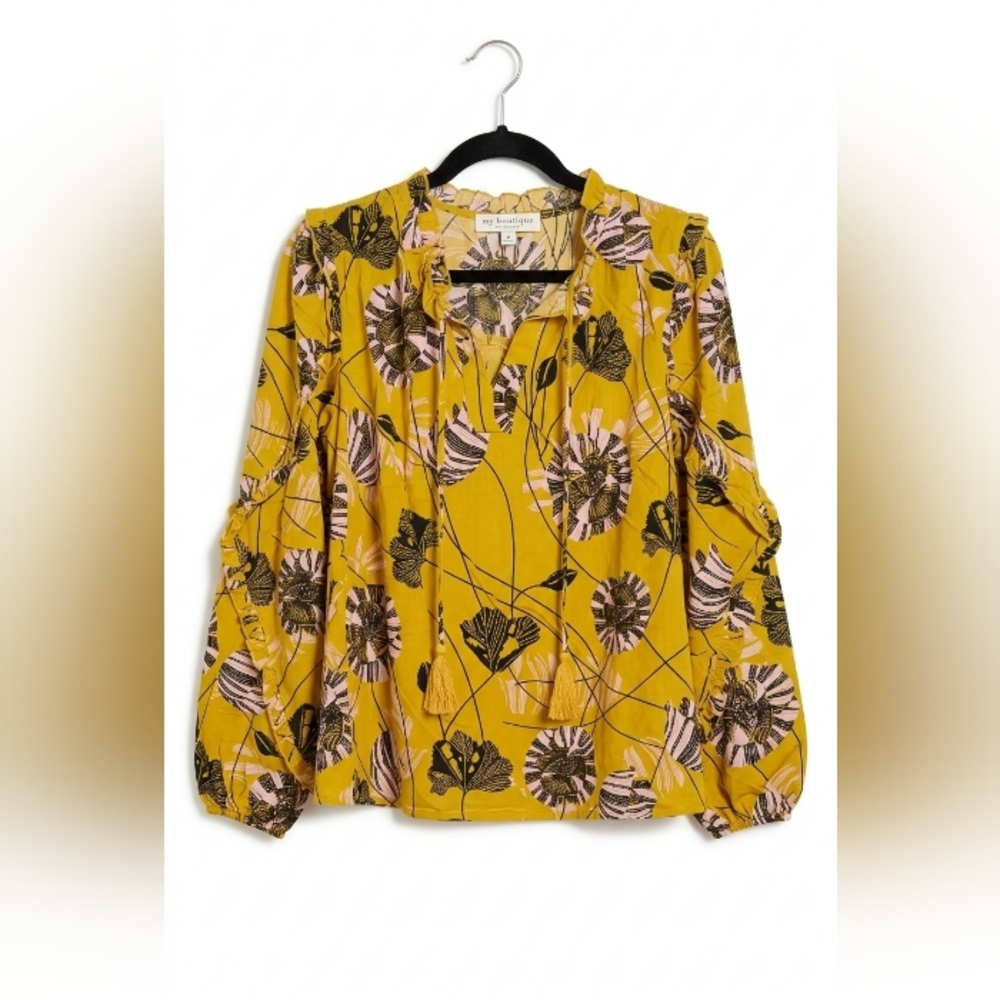 Mod Boutique Yellow Floral Peasant Blouse~Size Medium~New Without Tags